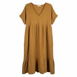 Carly Jean Los Angeles The Reef Midi Dress Mustard Yellow Gauze Tiered Cotton M